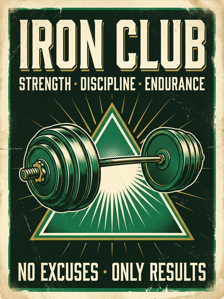 Iron Club Barbell Poster: Vintage Green Gym Motivation Art Print - artwork on paper