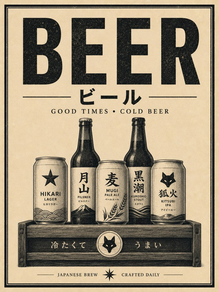 Japanese Beer Poster: Vintage Brewery Art for Kitchen or Bar - artwork on paper