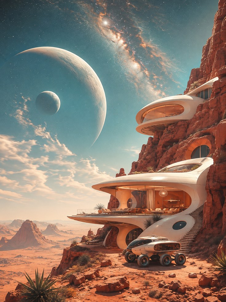 Futuristic Mars Colony Architecture: Sci-Fi Desert Wall Art - artwork on paper
