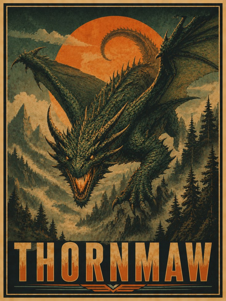 Thornmaw Dragon Poster: Vintage Fantasy Art with Orange Sun - artwork on paper
