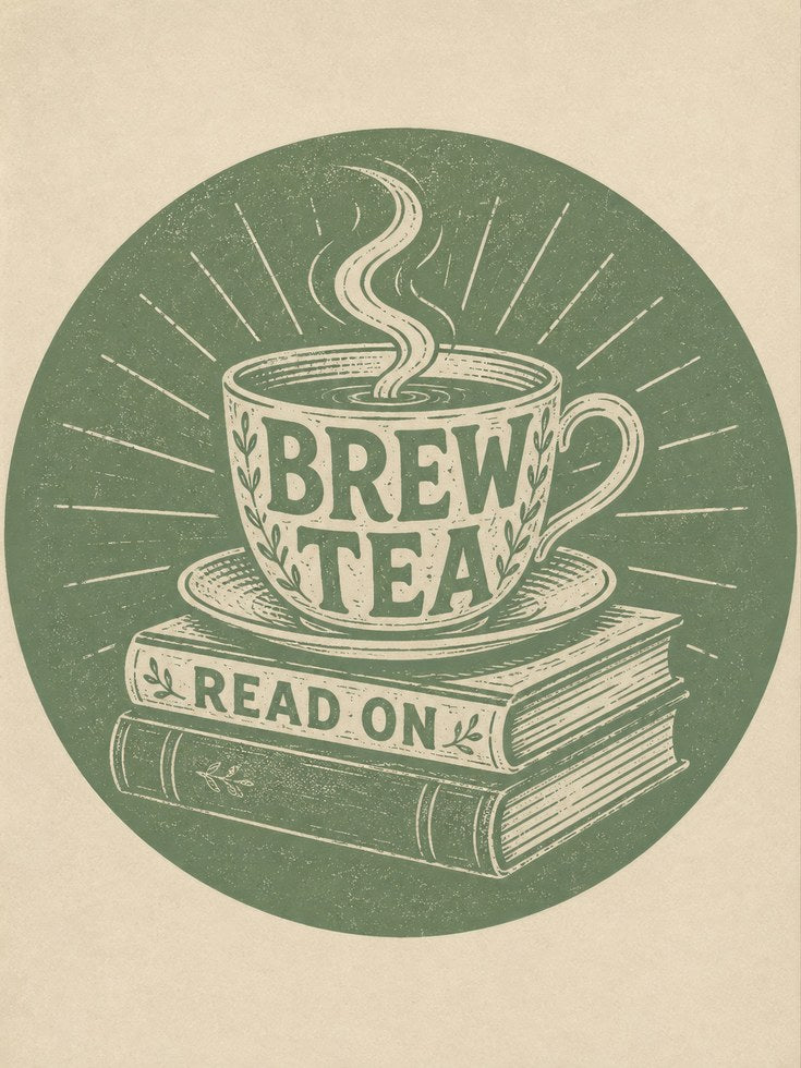 Tea and Books Wall Art: Vintage Linocut - artwork on paper