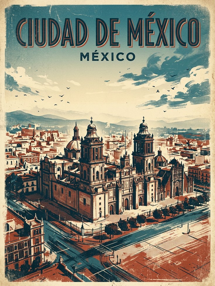 Mexico City Cathedral Vintage Travel Poster – Mid-Century Modern - artwork on paper