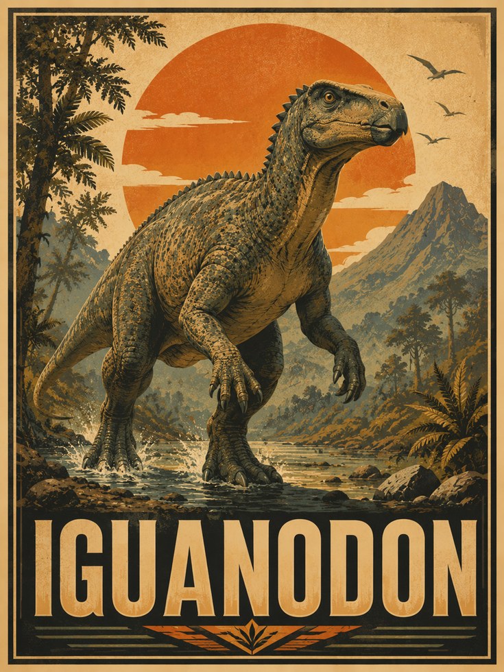 Iguanodon Dinosaur Print: Retro Paleontology Poster - artwork on paper