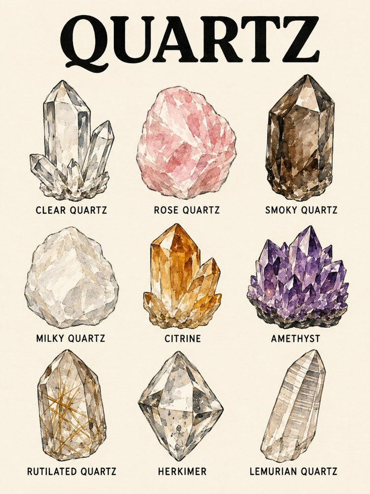 Quartz Crystal Chart Print — Watercolor Gemstone Illustration - artwork on paper
