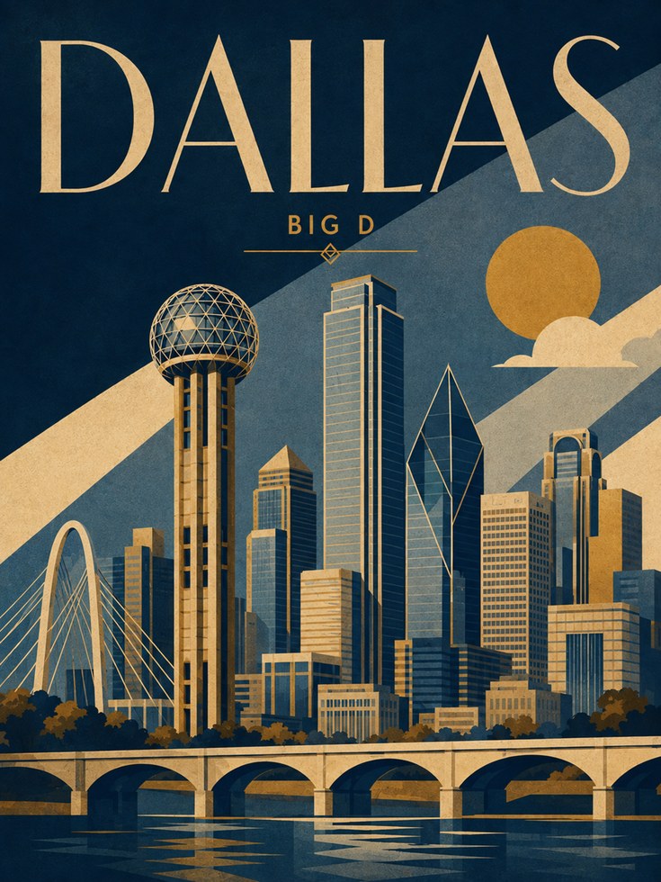 Dallas Skyline Art Print: Art Deco Cityscape Poster in Navy and Gold - artwork on paper
