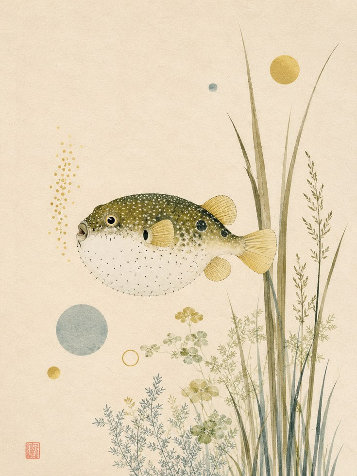 Japanese Fish Wall Art – Pufferfish Print - artwork on paper