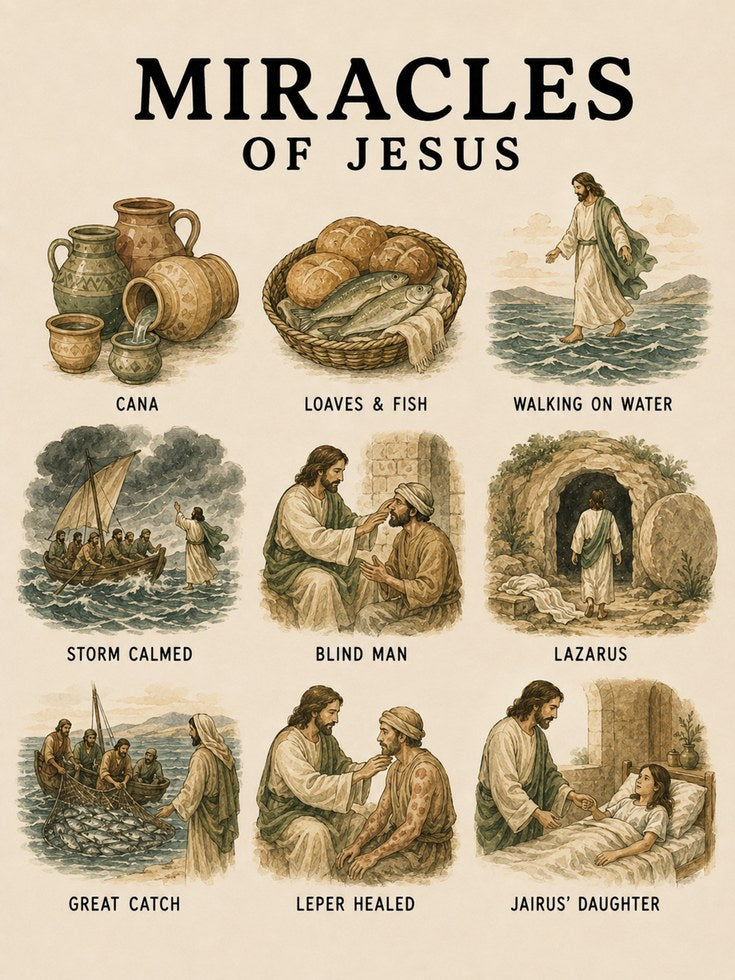 Miracles of Jesus Poster: Vintage Biblical Illustration Art - artwork on paper