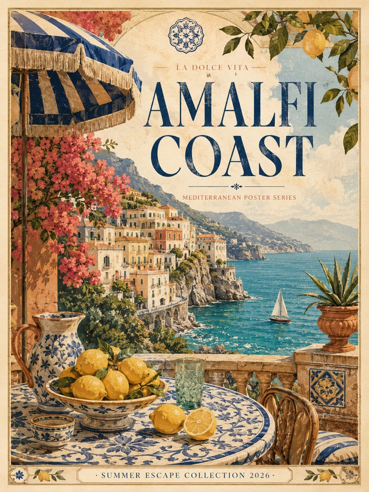 Amalfi Coast Vintage Travel Poster — Italian Riviera Print - artwork on paper