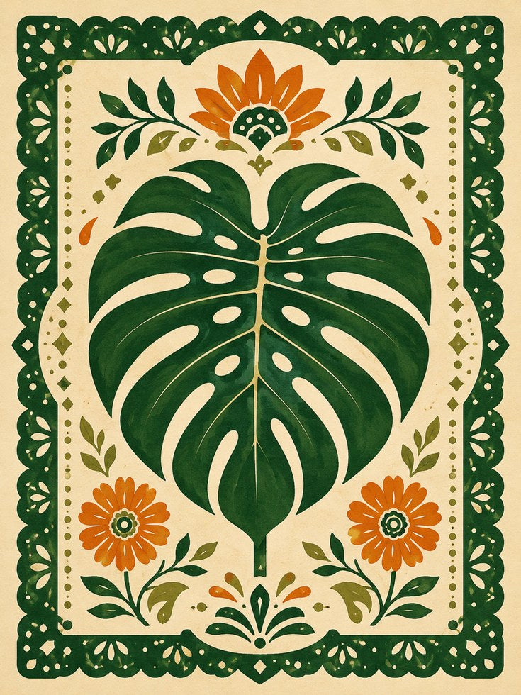 Folk Art Botanical Print – Monstera Wall Art - artwork on paper