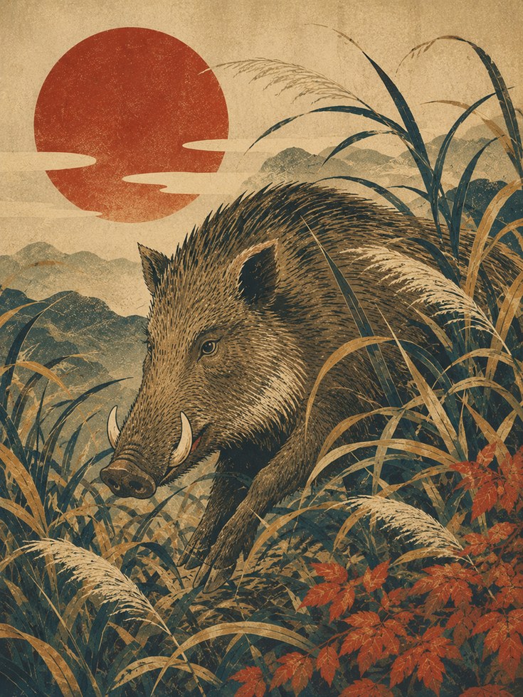 Wild Boar Wall Art: Japanese Vintage Illustration - artwork on paper