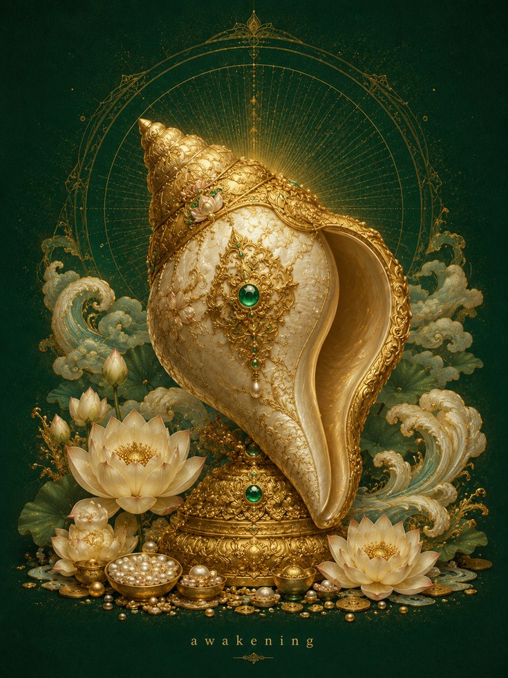 Lotus Flower Wall Art – Gold Conch Shell Print - artwork on paper