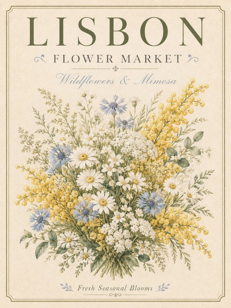 Vintage Botanical Print — Lisbon Flower Market Wildflowers & Mimosa - artwork on paper