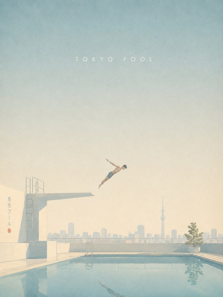 Tokyo Pool Diver Art Print: Minimalist Urban Architecture Scene - artwork on paper