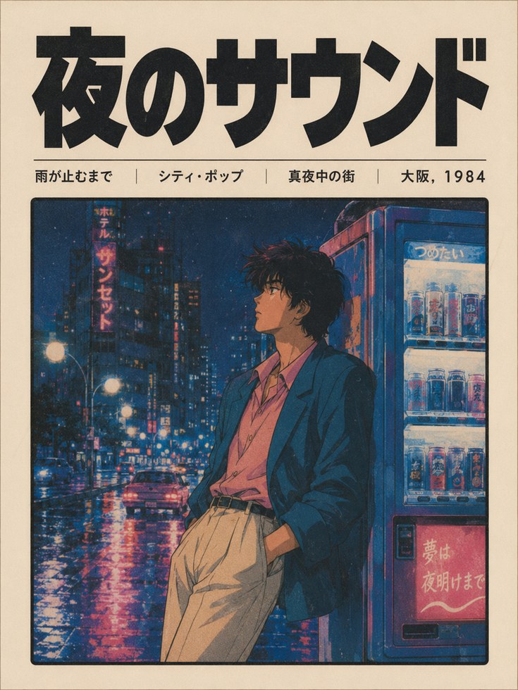 Retro Anime Poster: 1980s City Pop Tokyo Night Scene Wall Art - artwork on paper