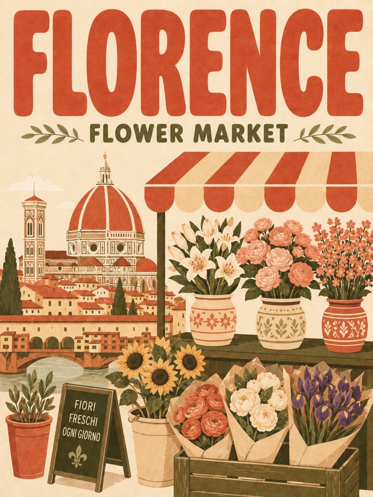 Florence Travel Poster – Vintage Flower Market - artwork on paper