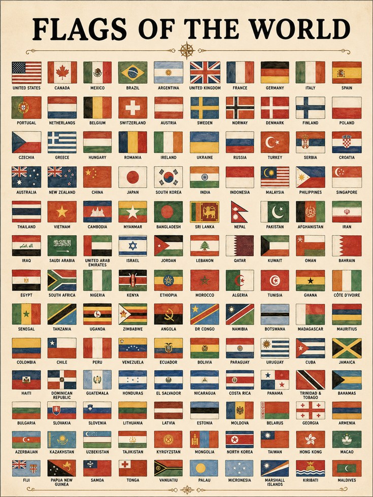 Flags of the World Educational Poster: Vintage Reference Art - artwork on paper