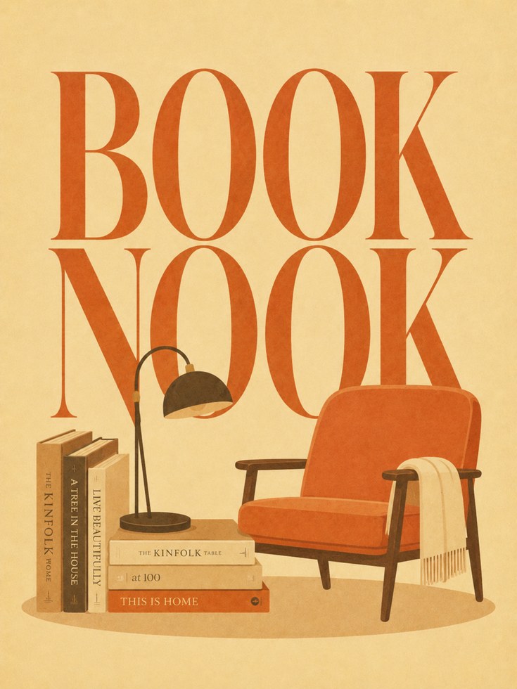 Book Nook Reading Corner Print: Mid-Century Modern Orange Design - artwork on paper