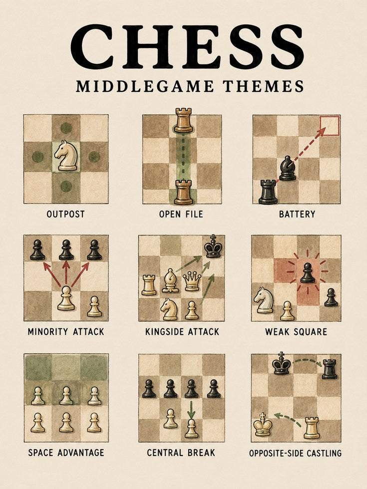 Chess Middlegame Themes Poster: Vintage Educational Wall Art - artwork on paper