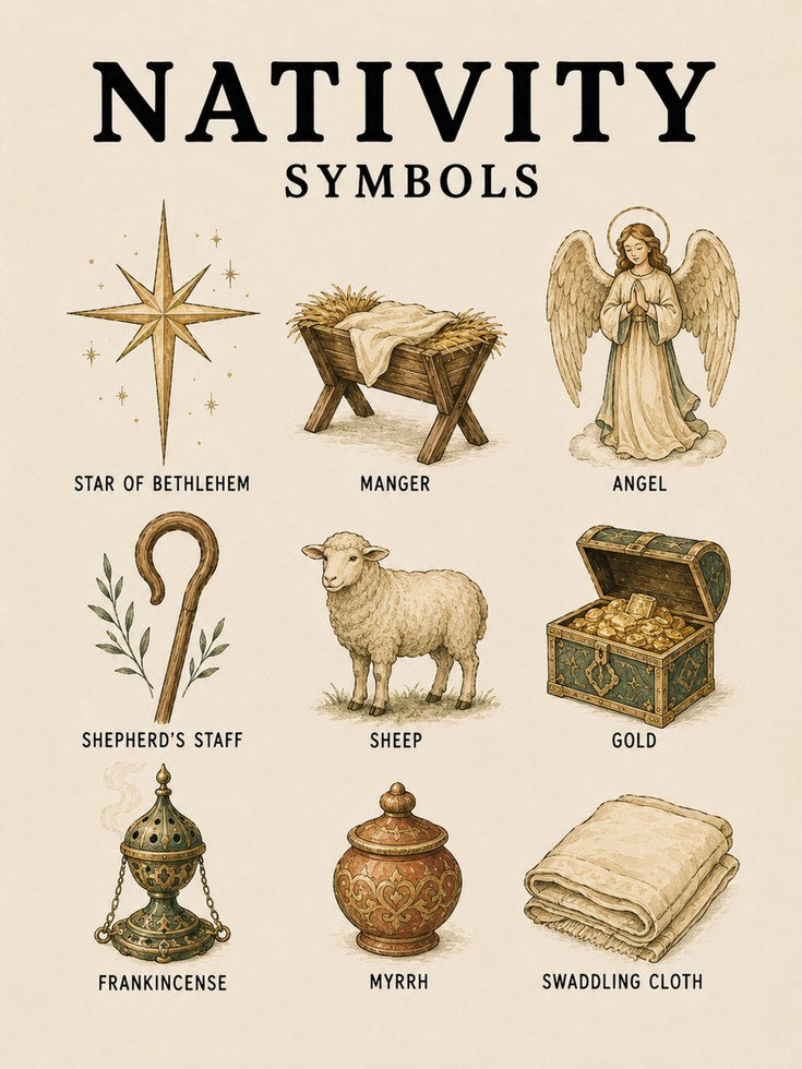 Nativity Symbols Poster: Vintage Christian Wall Art - artwork on paper
