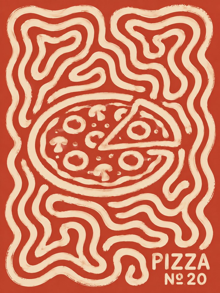 Pizza Art Print: Retro Groovy Red and Cream Poster Design - artwork on paper