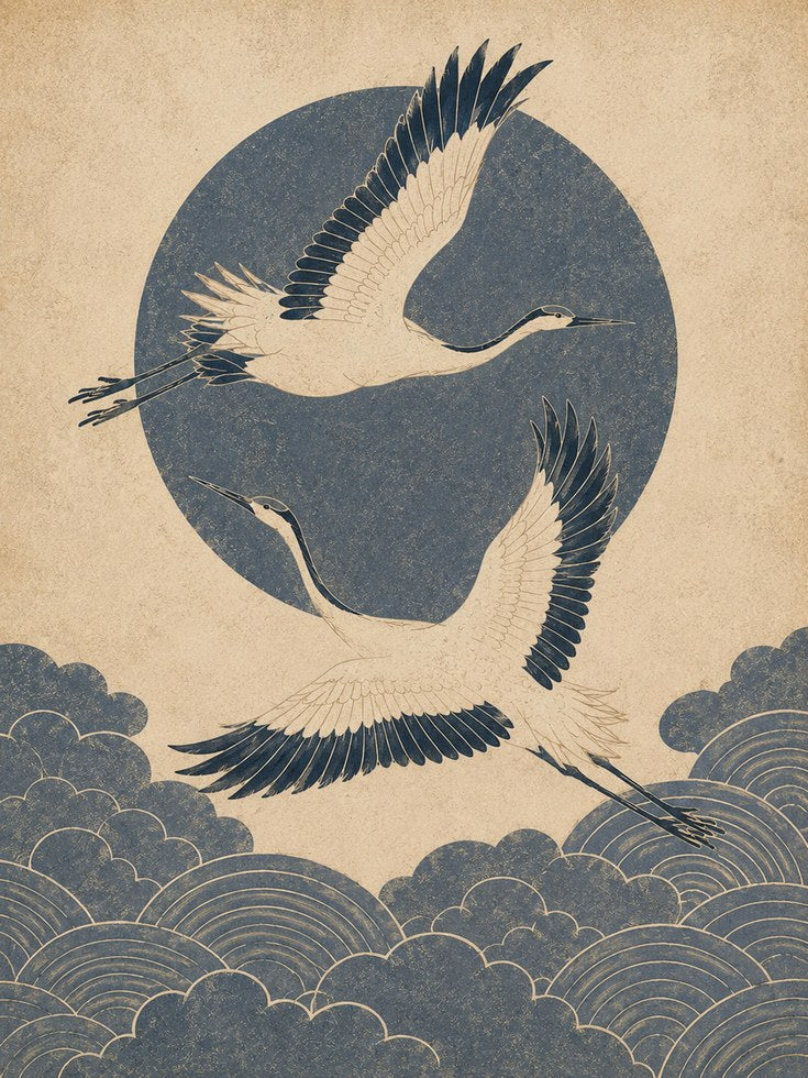 Japanese Cranes in Flight Art Print: Vintage Blue Beige Design - artwork on paper