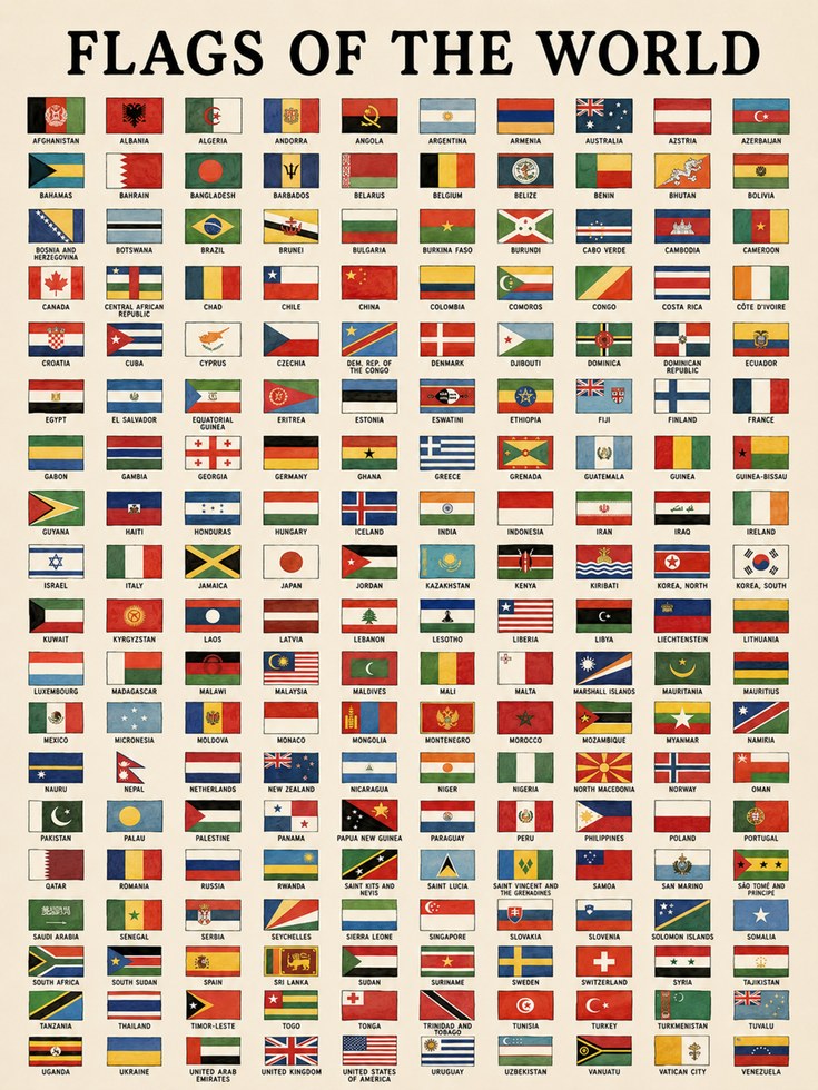 Flags of the World Educational Poster: International Reference Chart - artwork on paper
