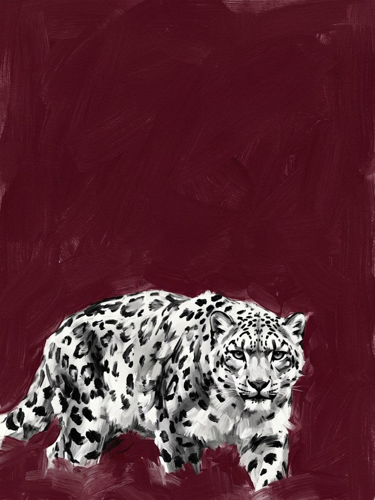 Snow Leopard Wall Art: Bold Burgundy Contemporary Wildlife Print - artwork on paper