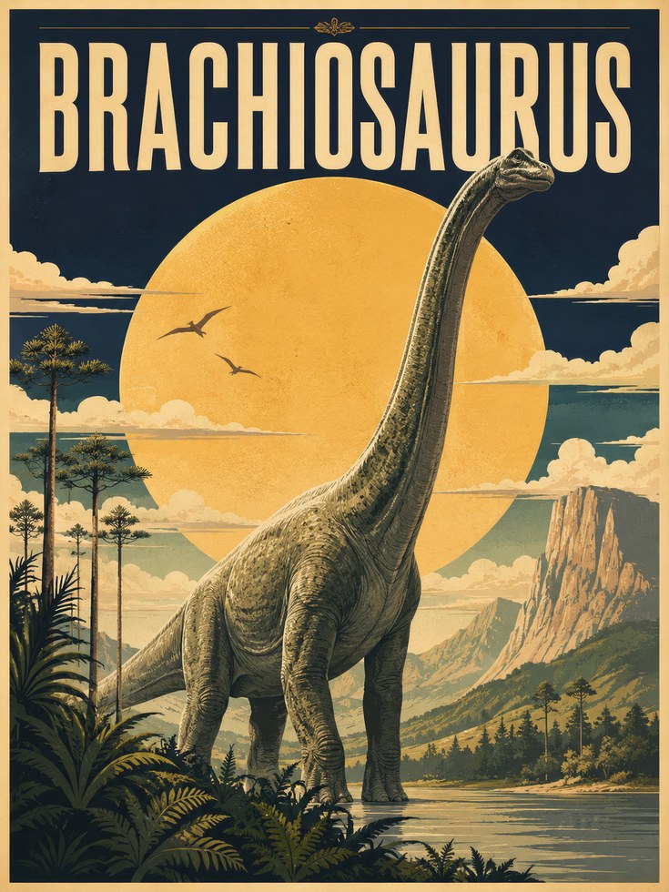 Dinosaur Wall Art: Brachiosaurus Retro Poster - artwork on paper