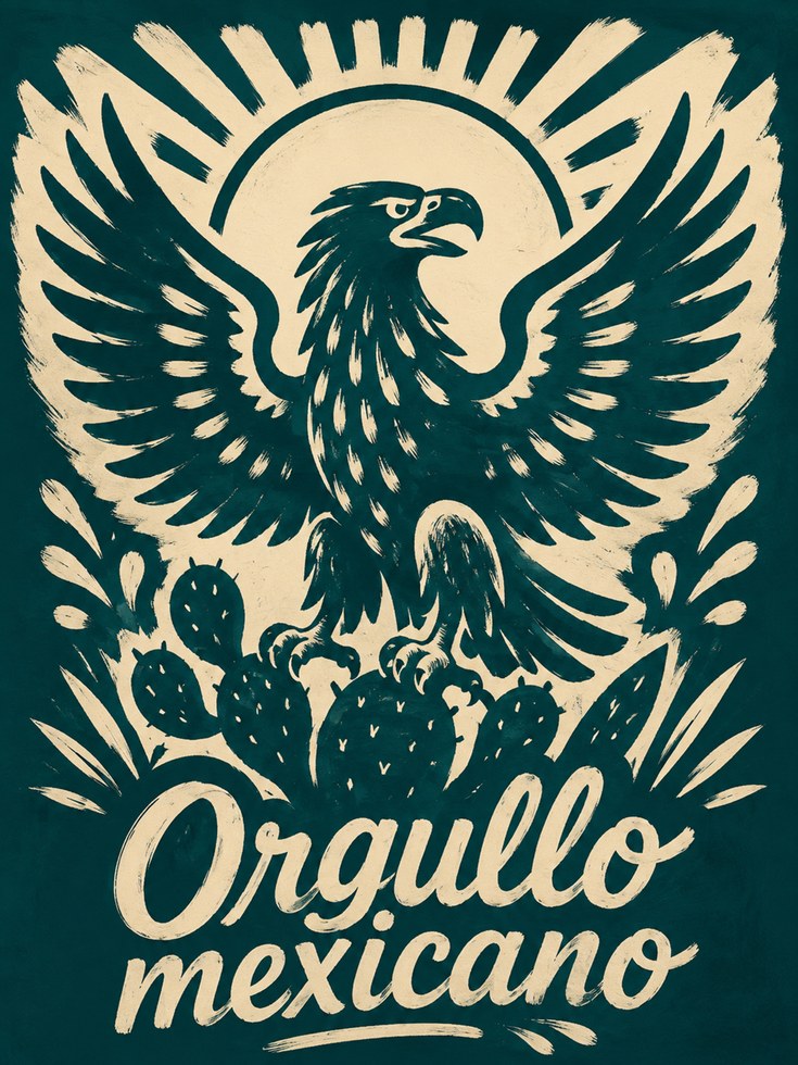 Mexican Eagle Print: Vintage Folk Art Poster with Cactus Design - artwork on paper