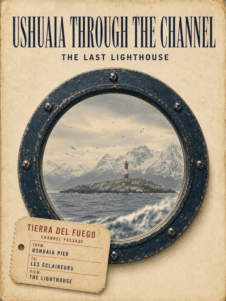 Ushuaia Lighthouse Porthole Print: Vintage Nautical Travel Poster - artwork on paper