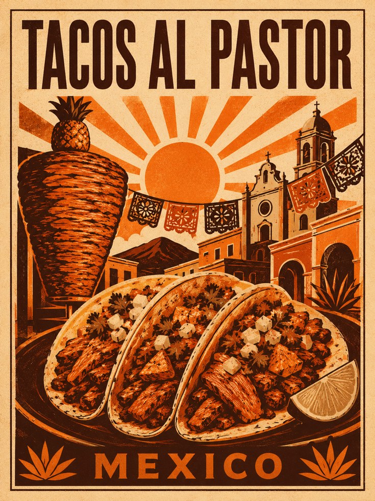 Tacos Al Pastor Print: Retro Mexican Food Poster - artwork on paper
