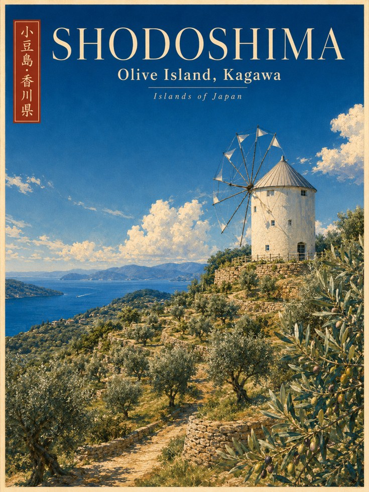 Shodoshima Windmill Poster: Japanese Coastal Landscape Art Print - artwork on paper