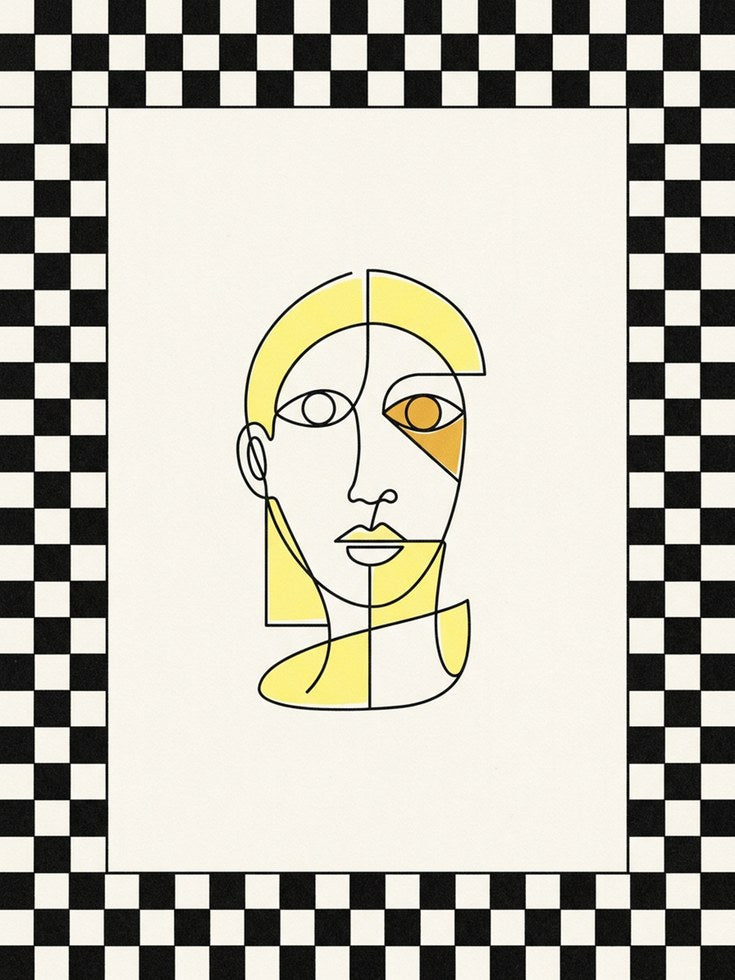 Cubist Face Line Art Print: Yellow Geometric Portrait Design - artwork on paper