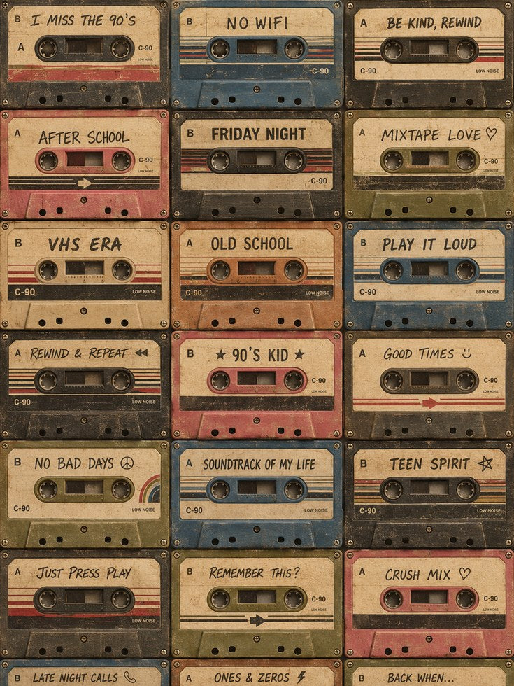 Retro Cassette Tape Print: 90s Nostalgia Music Wall Art - artwork on paper