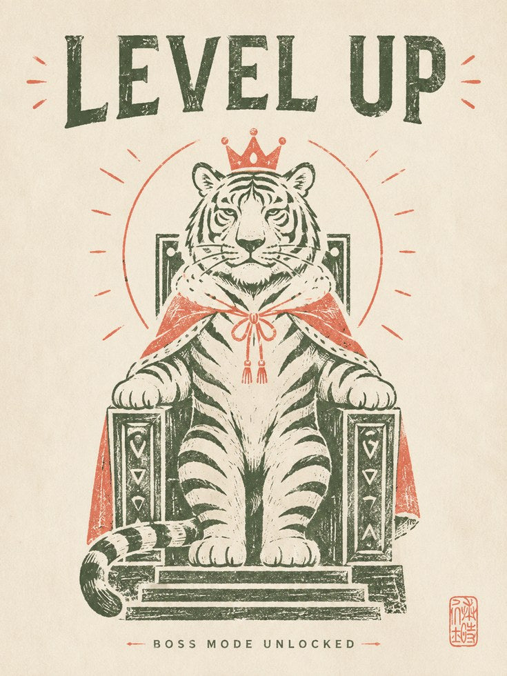 Motivational Tiger Wall Art – Level Up Print - artwork on paper