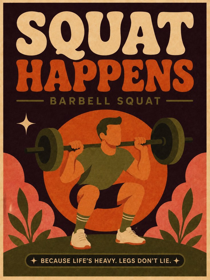 Squat Happens Gym Poster: Retro Fitness Motivation Art Print - artwork on paper