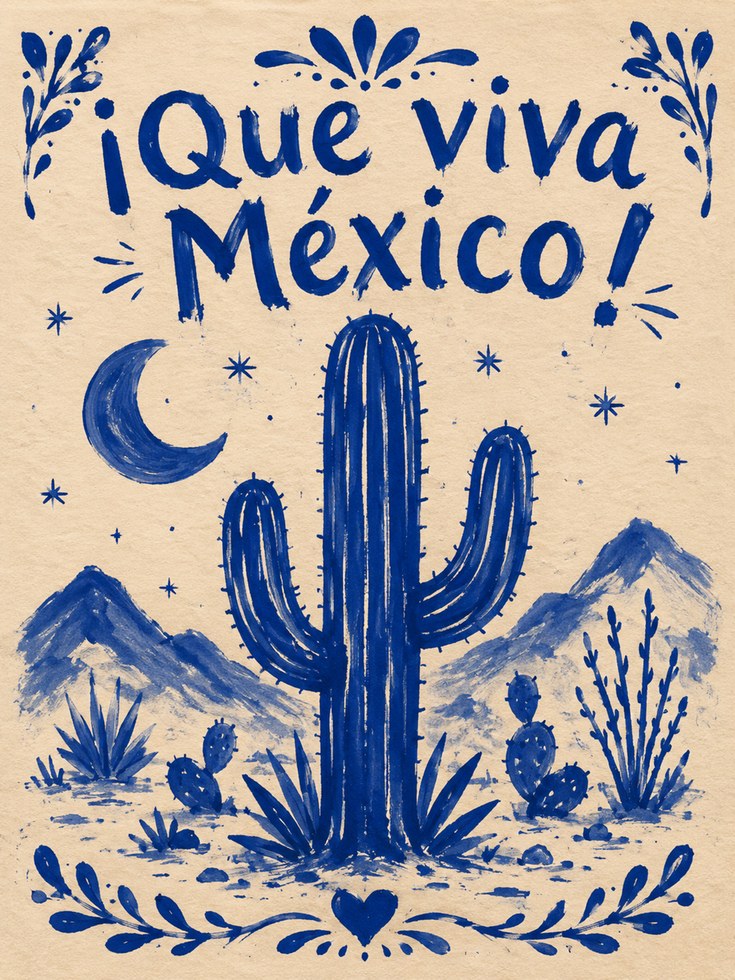 Que Viva Mexico Folk Art Print: Blue Desert Cactus Design - artwork on paper
