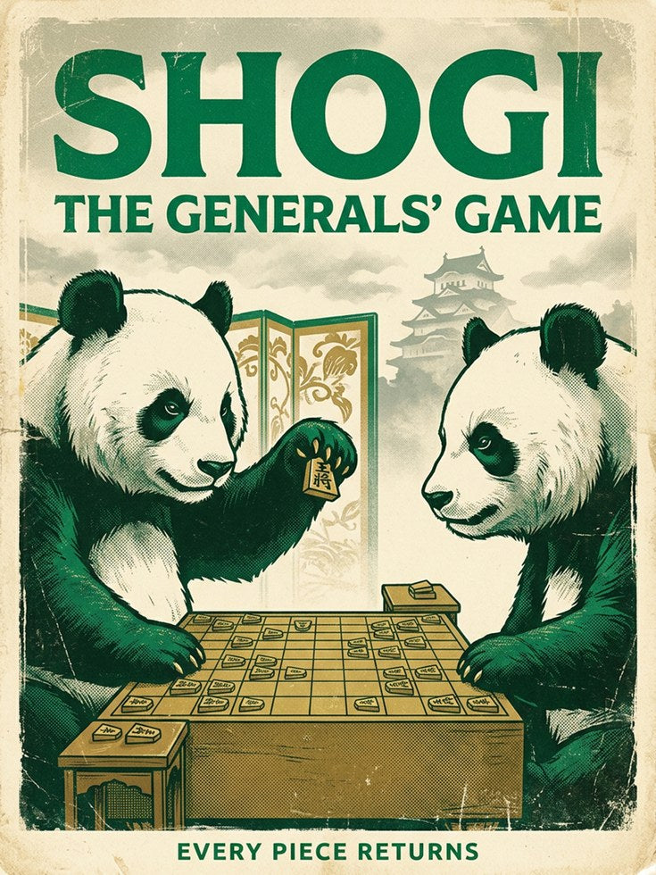 Shogi Pandas Playing Japanese Chess: Vintage Green Board Game Poster - artwork on paper