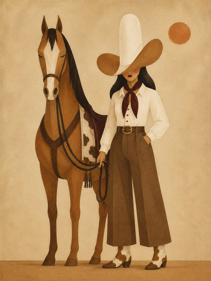 Vintage Cowgirl and Horse Art Print: Geometric Western Design - artwork on paper