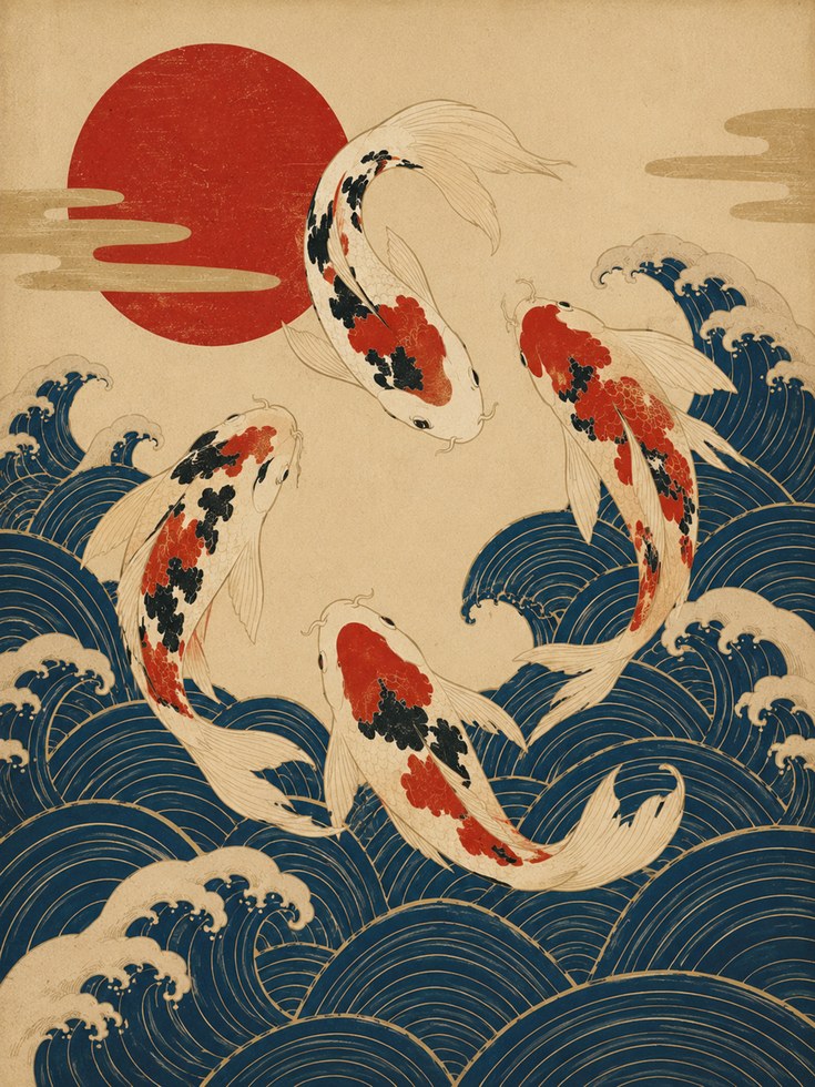 Vintage Japanese Koi Fish Print - artwork on paper