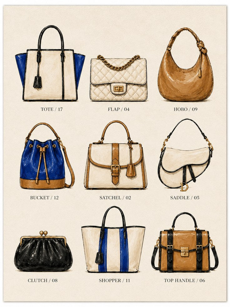 Handbag Types Poster – Fashion Wall Art - artwork on paper