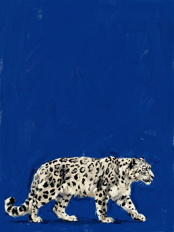 Snow Leopard Art Print: Contemporary Wildlife on Deep Blue - artwork on paper