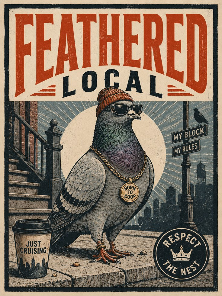 Feathered Local Pigeon Poster: Retro Urban Bird Wall Art - artwork on paper