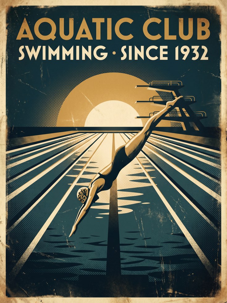 Art Deco Swimming Pool Poster – Vintage Aquatic Club Diver Art - artwork on paper