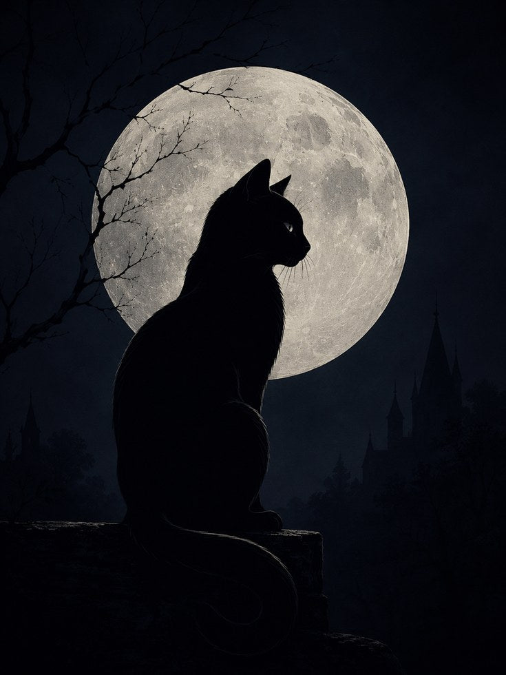Cat Moon Wall Art – Black Cat Silhouette Print - artwork on paper