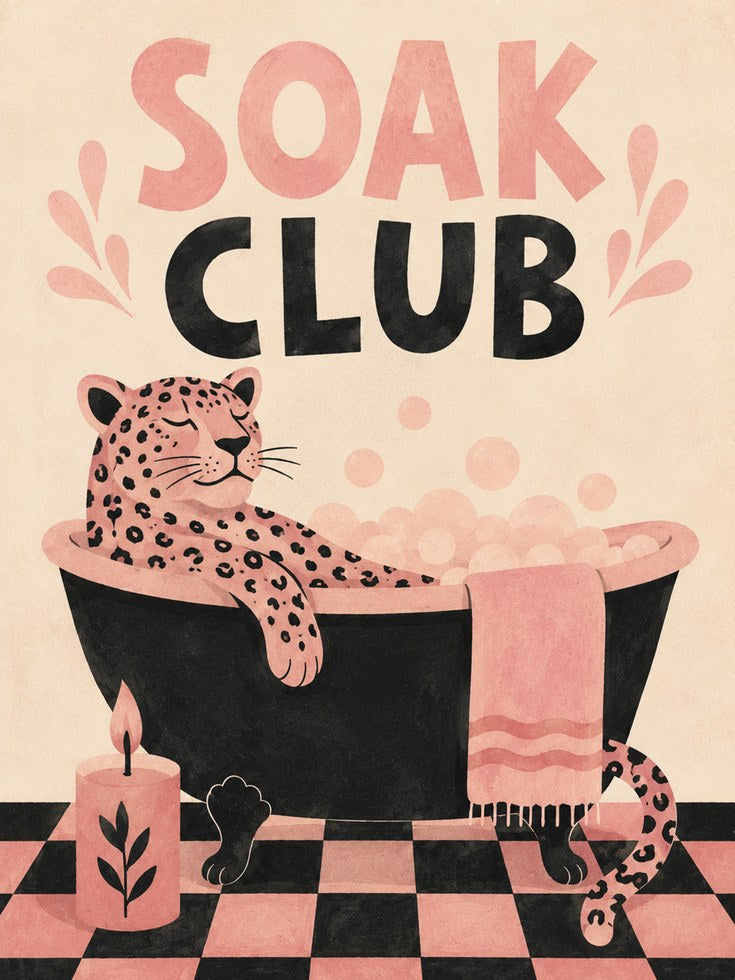 Soak Club Leopard Bath Print: Retro Pink and Black Bathroom Art - artwork on paper
