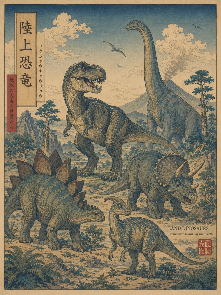 Dinosaur Art Print: Japanese Woodblock Style (Living or Kids Room) - artwork on paper