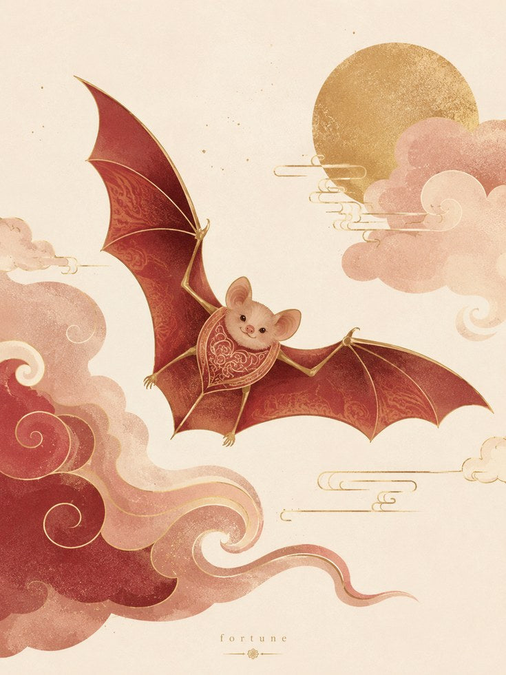 Oriental Bat Wall Art – Asian Folk Art Print - artwork on paper