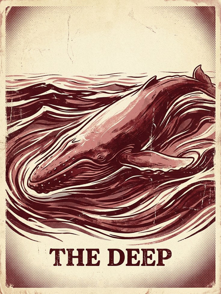 Whale Art Print: Vintage Red Ocean Poster with Wave Design - artwork on paper