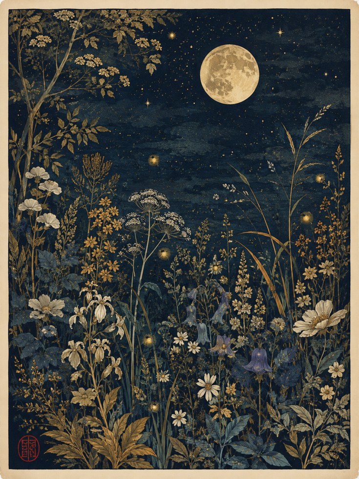 Moonlight Botanical Print – Night Garden Wall Art - artwork on paper